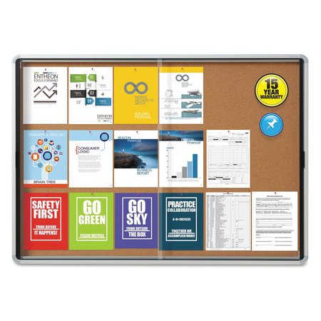 QUARTET Enclosed Indoor Cork Bulletin Board w/Sliding Glass Doors, 56 x 39, Silver Frame EISC3956